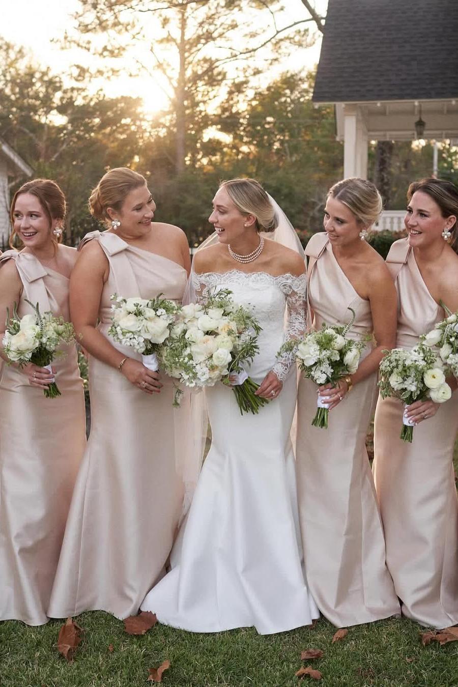 Black One Shoulder Satin Bridesmaid Dresses with Bow