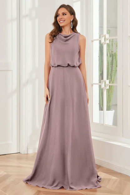 Pillar style wind neck sleeveless chiffon and floor length bridesmaid dress