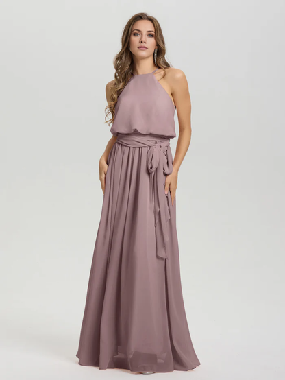 Hanging neck low round neck sleeveless chiffon and floor length Bridesmaid dresses