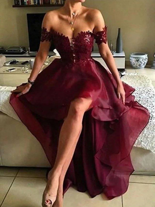 A-Line Beautiful Back Sexy Homecoming Cocktail Party Valentine's Day Dress Off Shoulder Sleeveless Asymmetrical Polyester with Ruffles Appliques - RongMoon