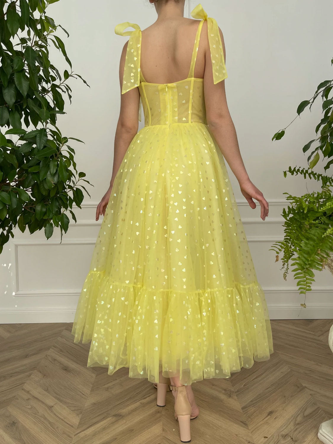 Yellow sweetheart neck tulle short prom dress, yellow evening dress