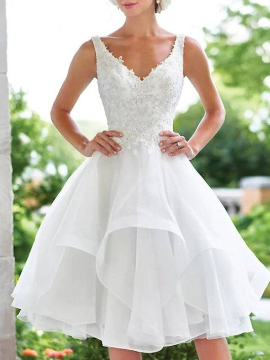 A-Line Wedding Dresses V Neck Knee Length Lace Organza Sleeveless Vintage 1950s with Appliques Cascading Ruffles - RongMoon