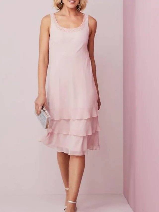 Two Piece Sheath / Column Mother of the Bride Dress Elegant Scoop Neck Knee Length Chiffon Lace Long Sleeve with Cascading Ruffles - RongMoon
