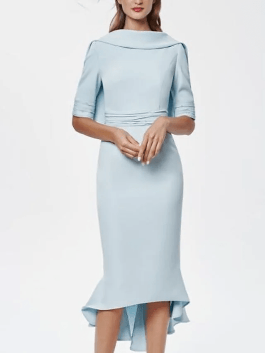 Sheath / Column Mother of the Bride Dress Elegant Jewel Neck Asymmetrical Knee Length Stretch Fabric Half Sleeve with Ruching - RongMoon