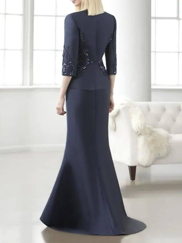 Mermaid / Trumpet Mother of the Bride Dress Elegant V Neck Floor Length Lace Satin Half Sleeve with Lace Crystals - RongMoon