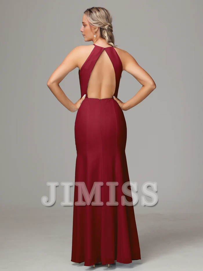 Hanging neck backless chiffon side slit bridesmaid dress