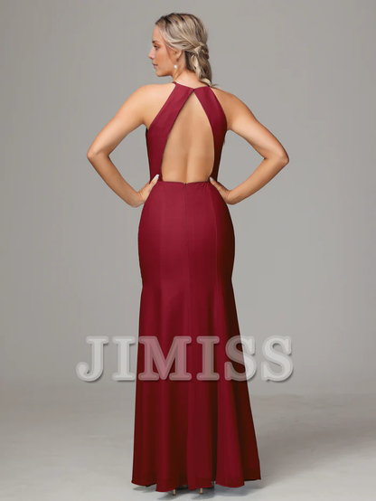 Hanging neck backless chiffon side slit bridesmaid dress