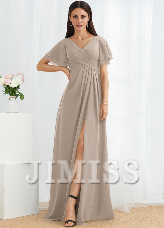 A-line V-neck floor-length chiffon bridesmaid dress