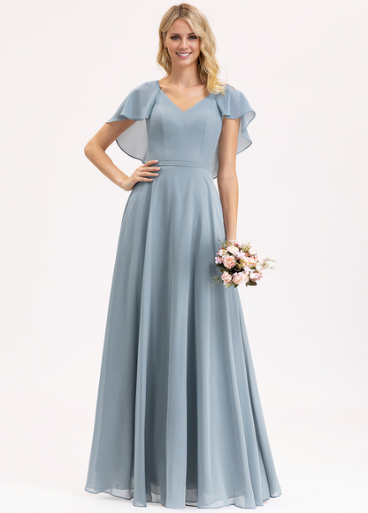 Tiered Ruffle A-Line V-Neck Floor-Length Chiffon Bridesmaids Dress