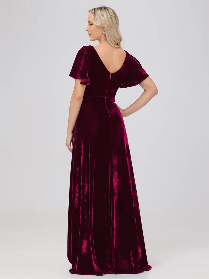 V-neck short sleeved ruffled velvet and floor length bridesmaid dress