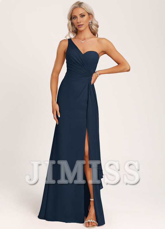 Ruffled A-line One Shoulder Floor Length Chiffon Bridesmaid Dress