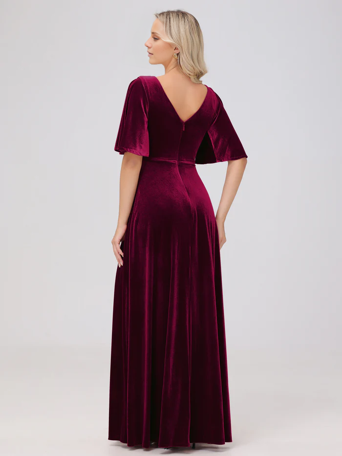 A-line V-neck short sleeved velvet and floor length bridesmaid dress