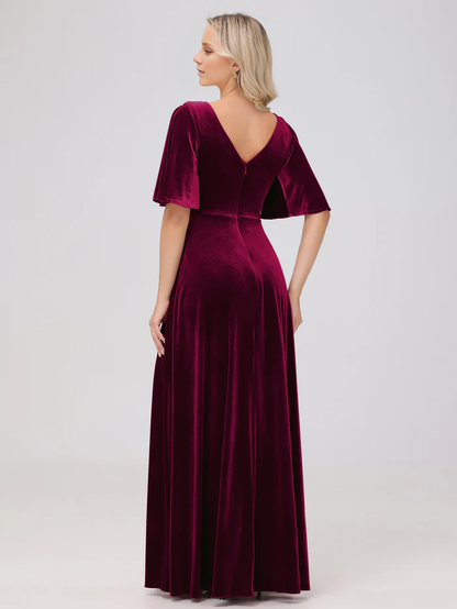 A-line V-neck short sleeved velvet and floor length bridesmaid dress
