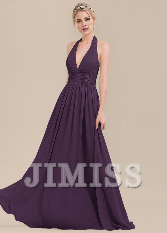 Ruffled A-Line Halter Neck Floor Length Chiffon Bridesmaids Dress