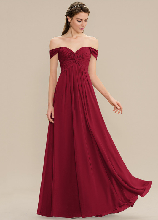 Ruffled A-line Off-the-shoulder Floor-length Chiffon Bridesmaids Dress