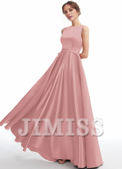 A-line Scoop Neck Floor Length Satin Bridesmaids Dress
