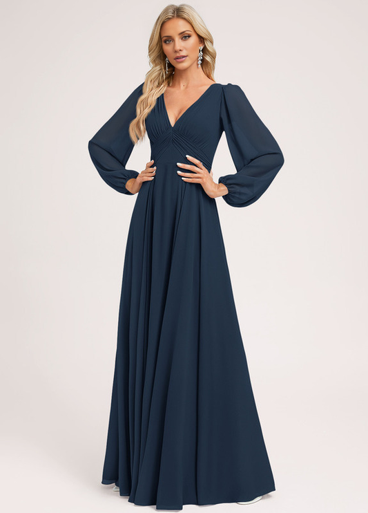A-line V-neck floor-length chiffon bridesmaid dress