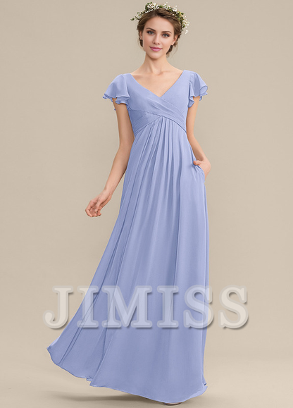Tiered Ruffle A-Line V-Neck Floor-Length Chiffon Bridesmaids Dress
