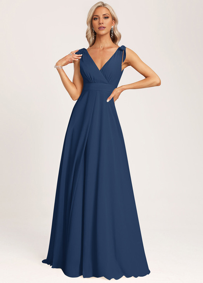 A-line V-neck floor-length chiffon bow bridesmaid dress
