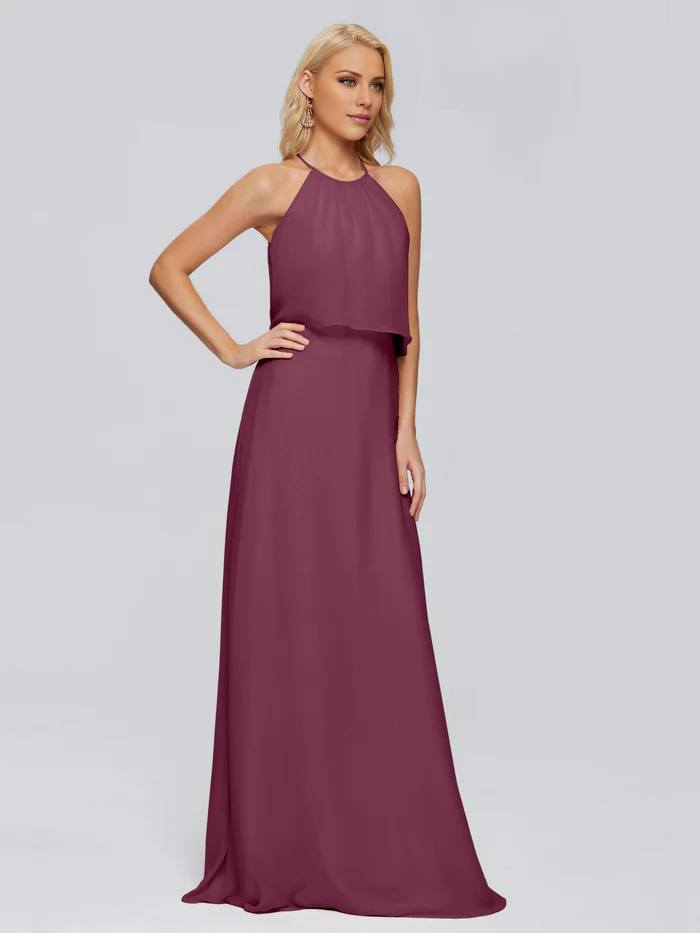 Post neck chiffon and floor length bridesmaid dress