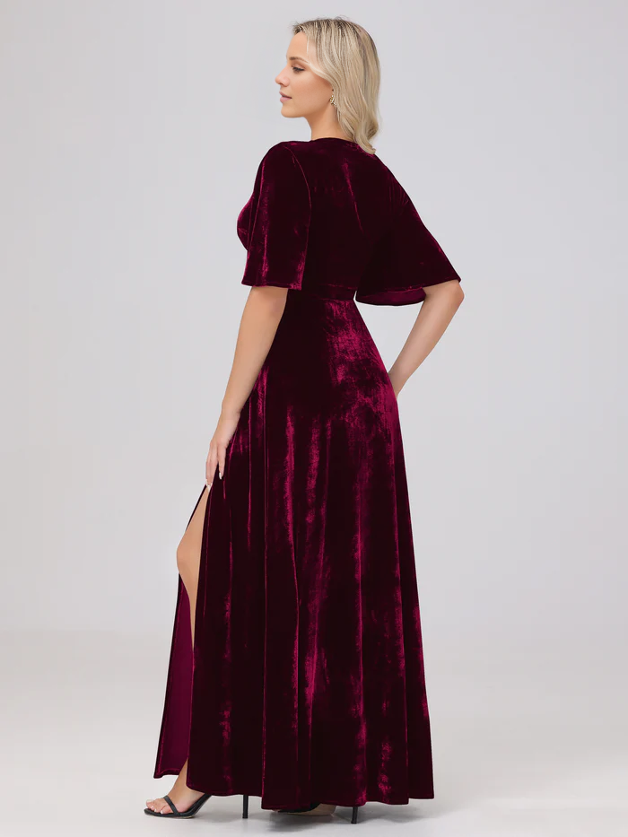 A-line V-neck short sleeved slit velvet and floor length bridesmaid dress