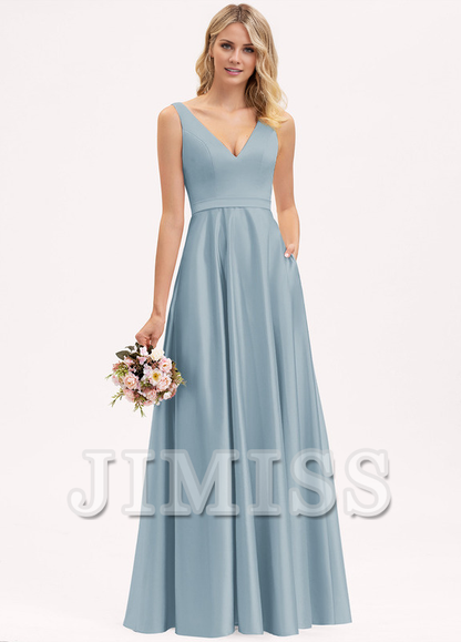 A-line V-neck floor-length satin bridesmaid dress