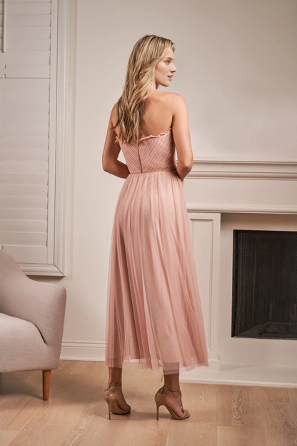 Soft chiffon A-line off shoulder V-shaped ruffled mid length bridesmaid dress
