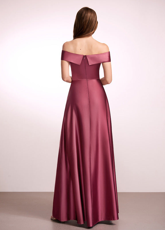 A-Line Off-The-Shoulder Floor-Length Satin Bridesmaids Dress