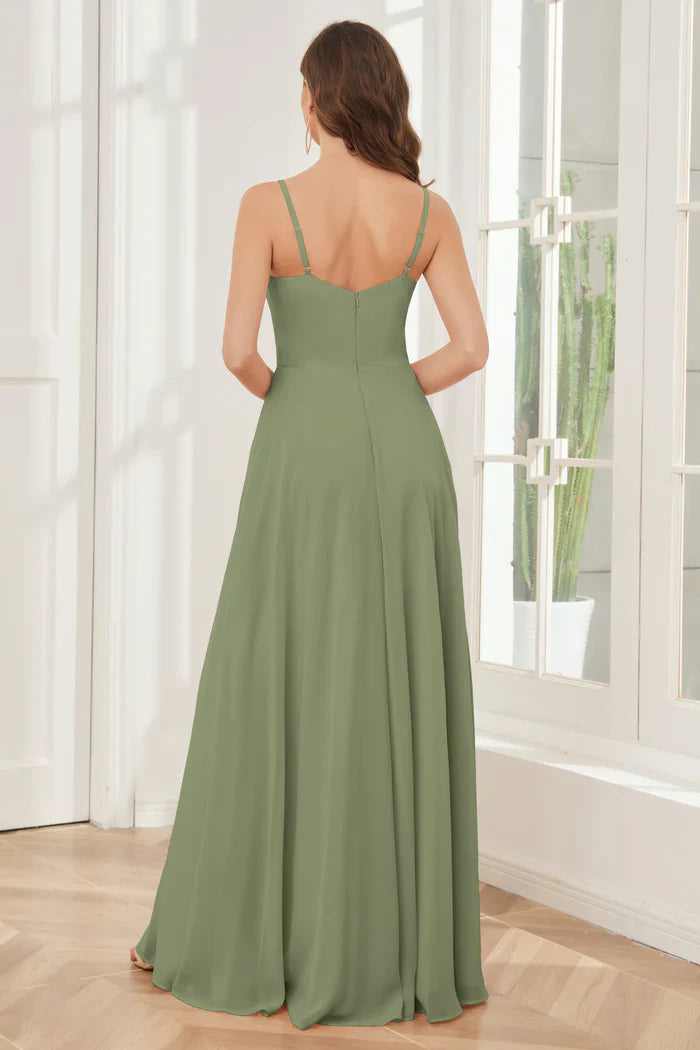 A-line slim shoulder chiffon side slit and floor length bridesmaid dress
