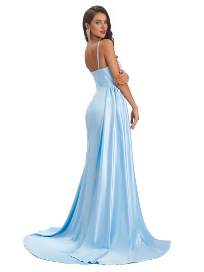 Sexy and soft satin side slit thin shoulder strap long mermaid unique bridesmaid dress
