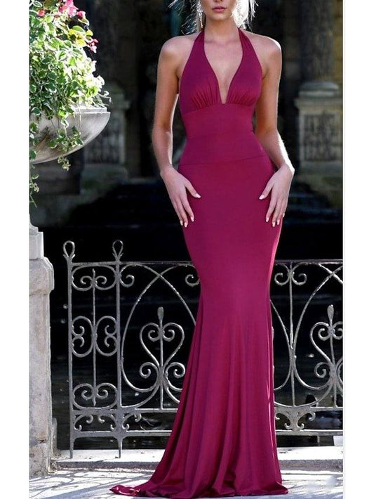 Mermaid / Trumpet Beautiful Back Sexy Wedding Guest Formal Evening Dress Halter Neck Sleeveless Sweep / Brush Train Spandex with Bow(s) - RongMoon