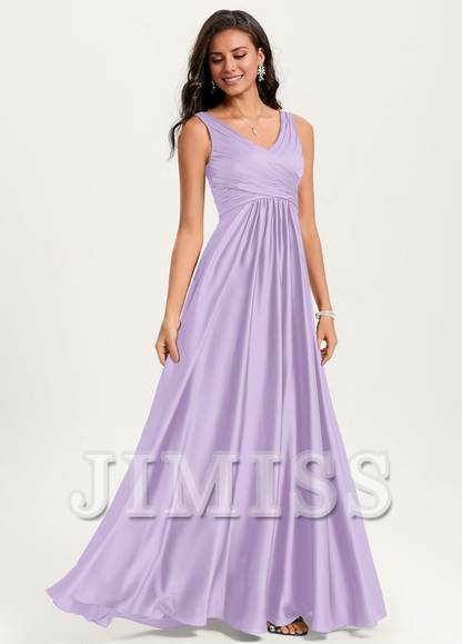 Ruffled A-line V-neck Floor-length Satin Bridesmaids Dress