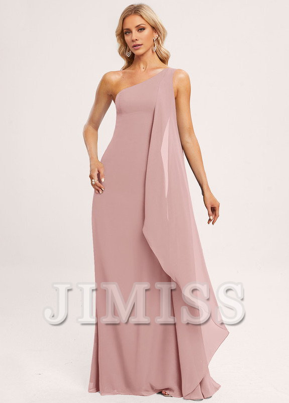 Ruffled A-line One Shoulder Floor Length Chiffon Bridesmaids Dress