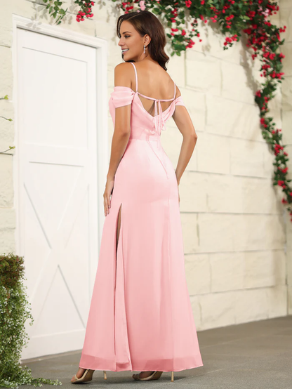 Split off shoulder thin shoulder strap chiffon and floor length bridesmaid dress