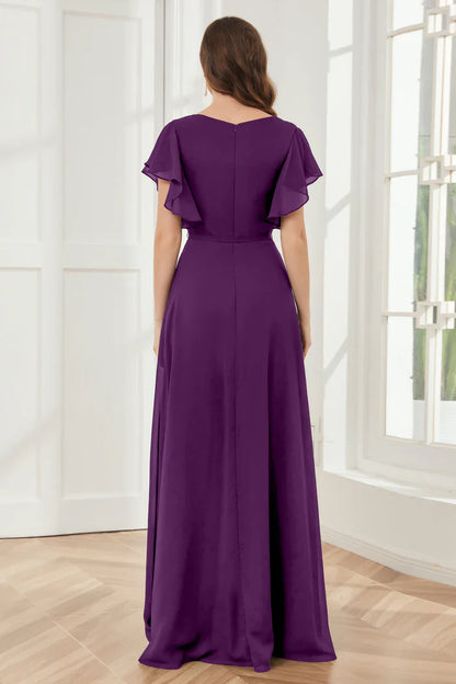 V-neck ruffled sleeve chiffon slit and floor length bridesmaid dress