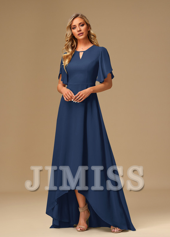 Ruffled A-line Boat Neck Asymmetric Chiffon Bridesmaids Dress