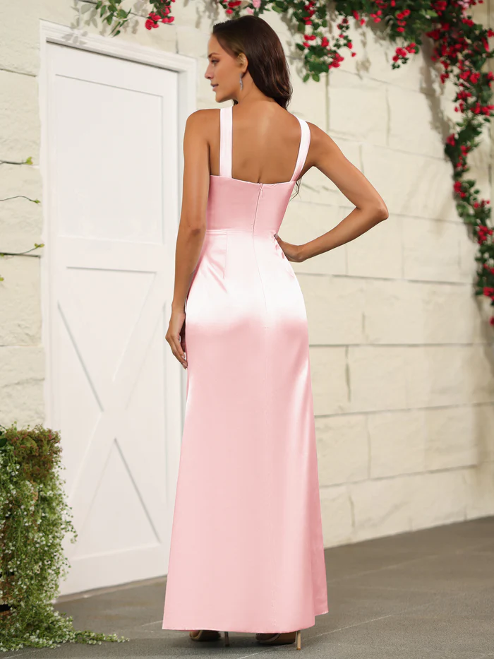 Elegant neck hanging sleeveless soft satin and floor length bridesmaid dress