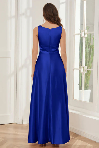 A-line sleeveless satin and floor length bridesmaid dress