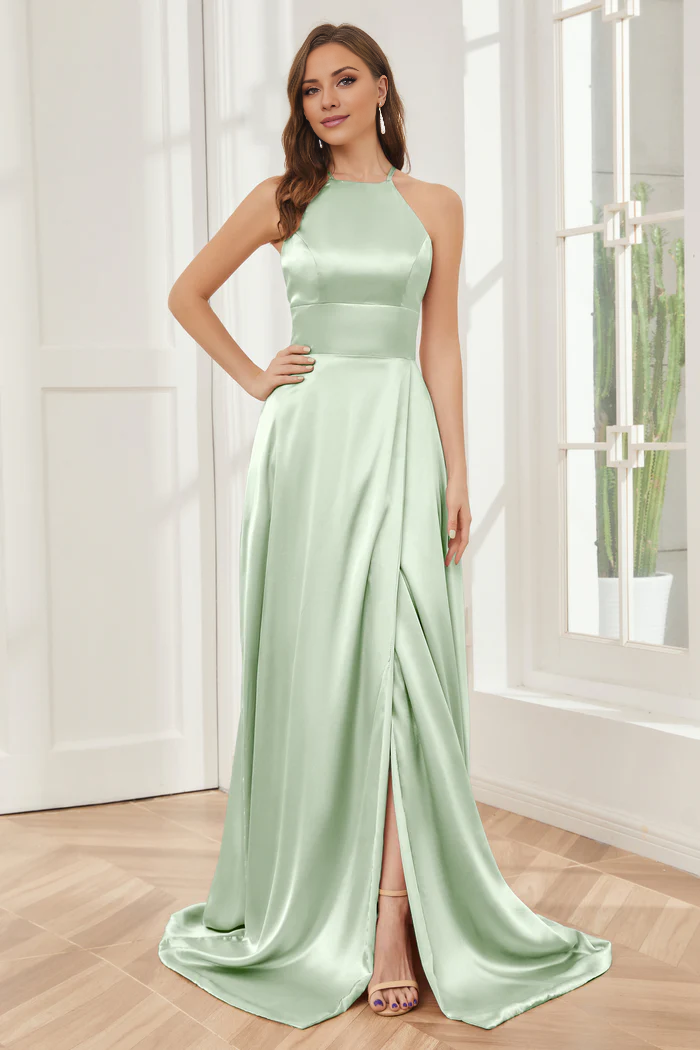 Column neck hanging soft satin and floor length bridesmaid dress