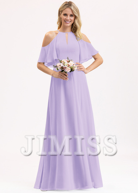 A-line off-the-shoulder scoop neck floor-length chiffon bridesmaid dress