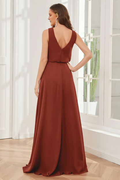 Pillar style wind neck sleeveless chiffon and floor length bridesmaid dress