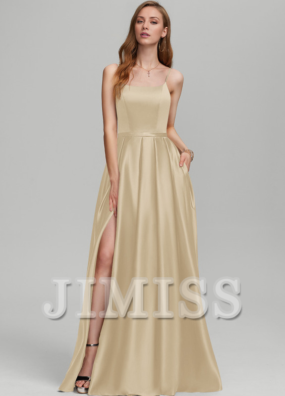 A-Line Square Floor Length Satin Bridesmaids Dress
