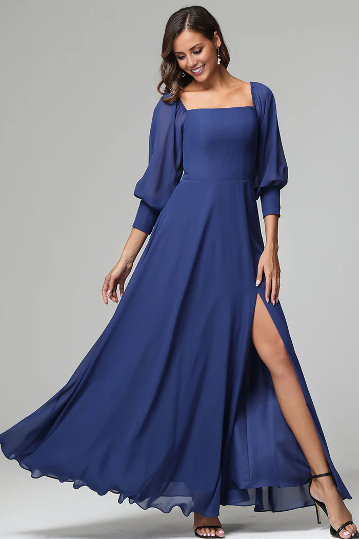 Square neck 3/4 sleeve slit chiffon and floor length bridesmaid dress