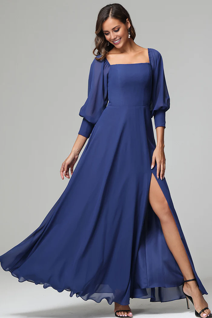 Square neck 3/4 sleeve slit chiffon and floor length bridesmaid dress