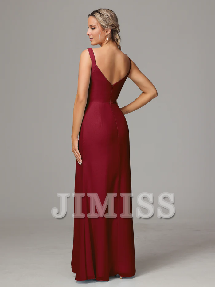 V-neck slit sleeveless off shoulder chiffon bridesmaid dress