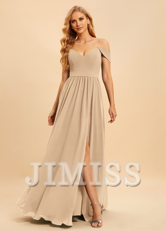 A-line off-the-shoulder floor-length chiffon bridesmaid dress