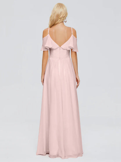 Thin shoulder strap ruffled chiffon and floor length bridesmaid dress