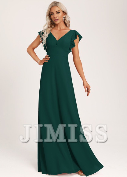 Ruffled A-line V-neck Floor-length Chiffon Bridesmaids Dress