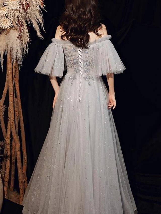 A-Line Glittering Elegant Engagement Formal Evening Dress Off Shoulder Half Sleeve Floor Length Tulle with Pleats Beading Sequin - RongMoon
