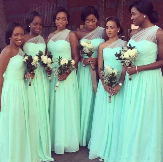 Mint Green Bridesmaid Dresses For Women A-line One-shoulder Chiffon Long Cheap Under 50 Wedding Party Dresses - RongMoon